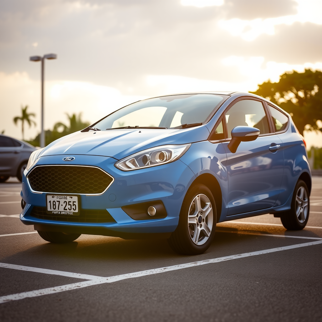 Ford Fiesta Kinetic hatchback azul brillante, vista completa en estacionamiento exterior, diseño dinámico y moderno, popular en mercado argentino