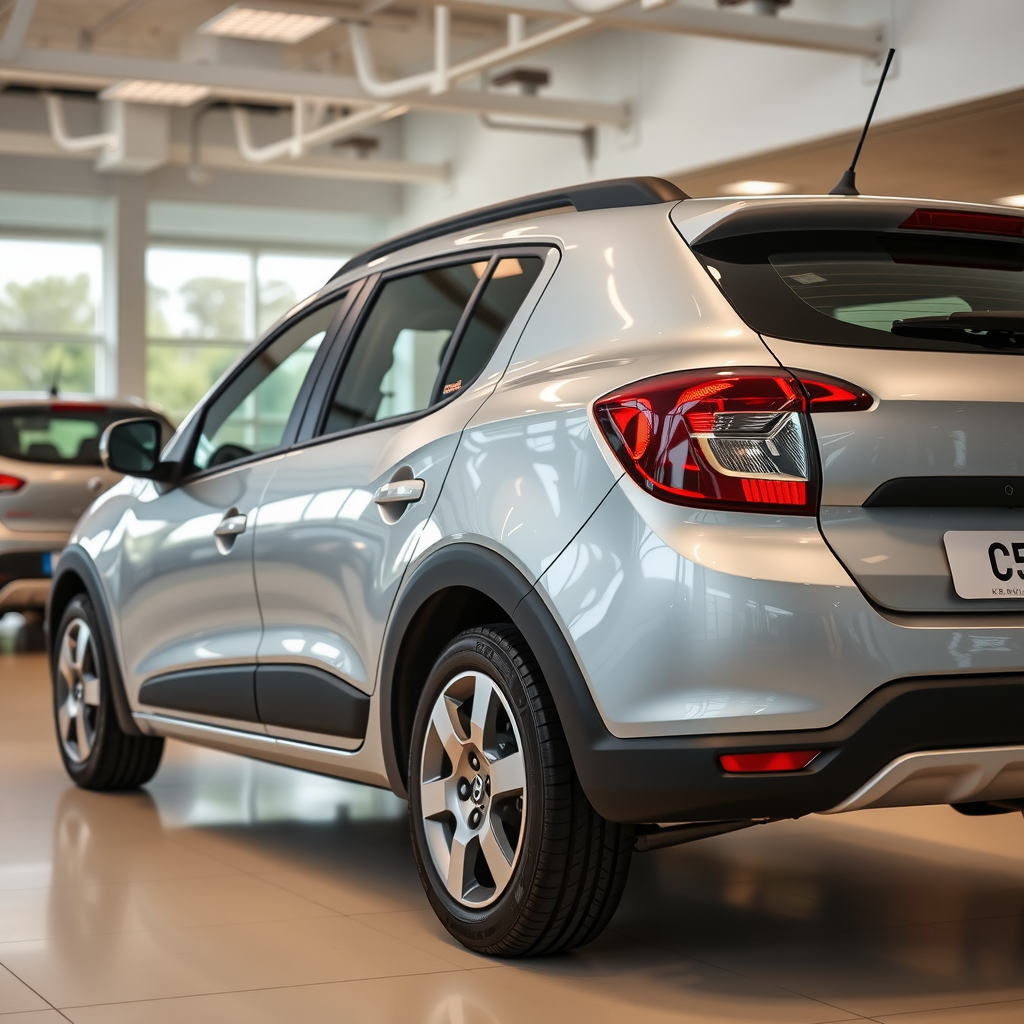 Renault Sandero hatchback gris claro, vista lateral completa en concesionario, diseño práctico y espacioso, excelente para familias