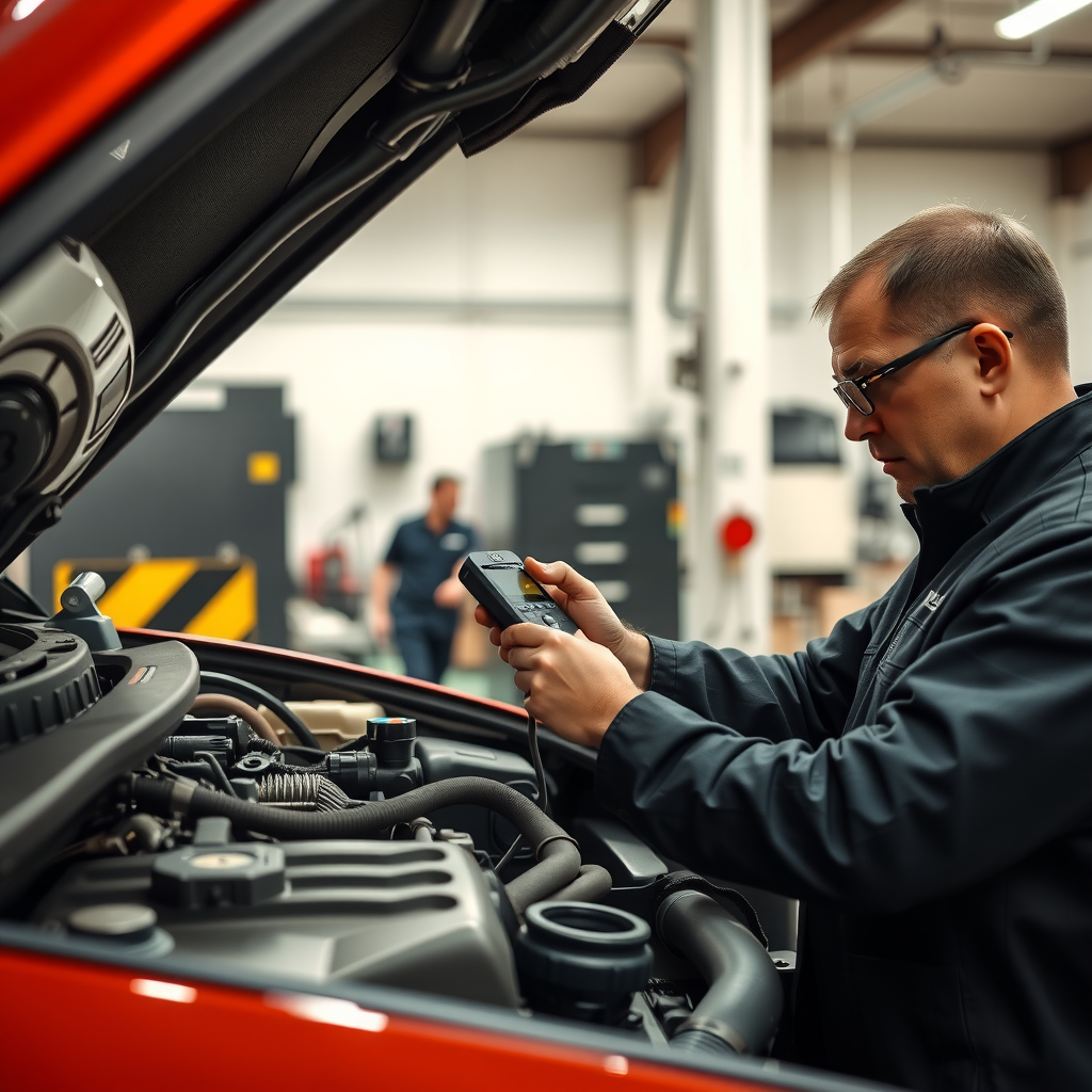 Mecánico profesional inspeccionando motor de auto usado en taller moderno, usando herramientas de diagnóstico, mostrando proceso de verificación pre-compra