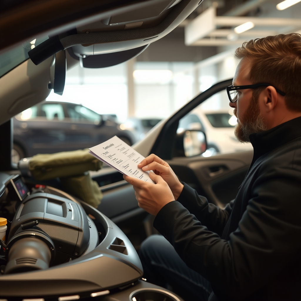 Persona inspeccionando un automóvil usado con una lista de verificación, revisando el motor y el interior del vehículo, ambiente profesional de concesionario