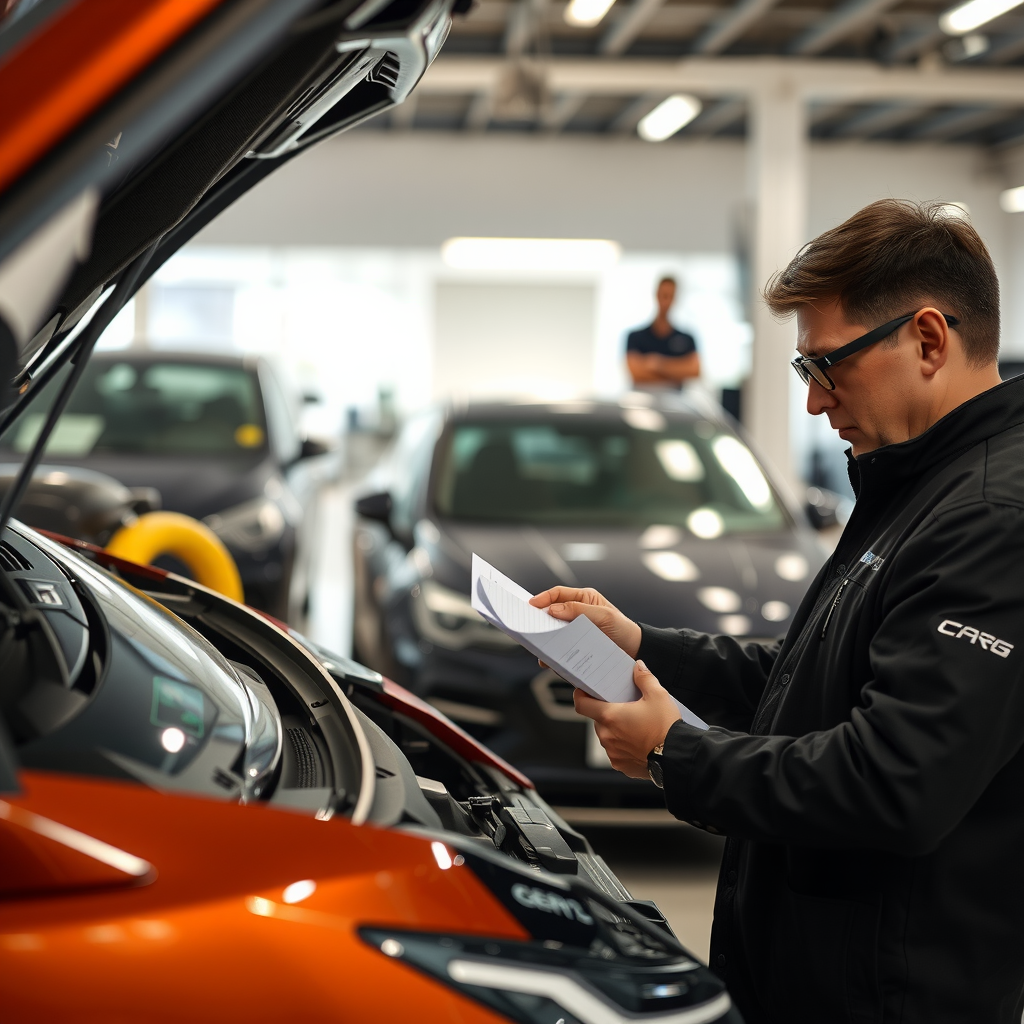 Comprador primerizo inspeccionando cuidadosamente un auto usado en un concesionario, revisando el motor y tomando notas, ambiente profesional y confiable