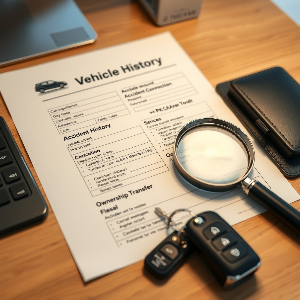 Documento de historial vehicular detallado sobre un escritorio moderno con una lupa y llaves de automóvil, mostrando secciones de registros de accidentes y transferencias de propiedad