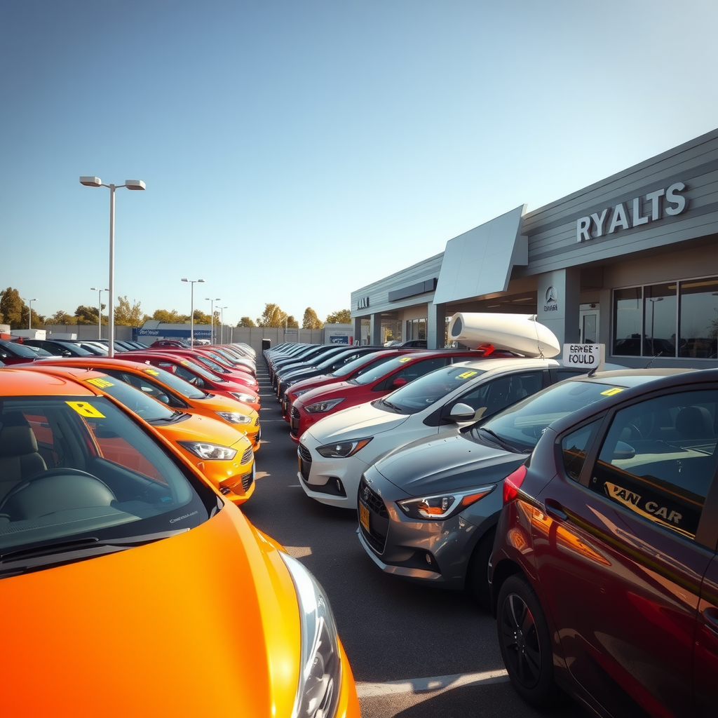 Colección de autos usados confiables estacionados en un concesionario moderno bajo cielo azul, mostrando diversos modelos sedán y hatchback en excelente condición, con precios visibles en los parabrisas