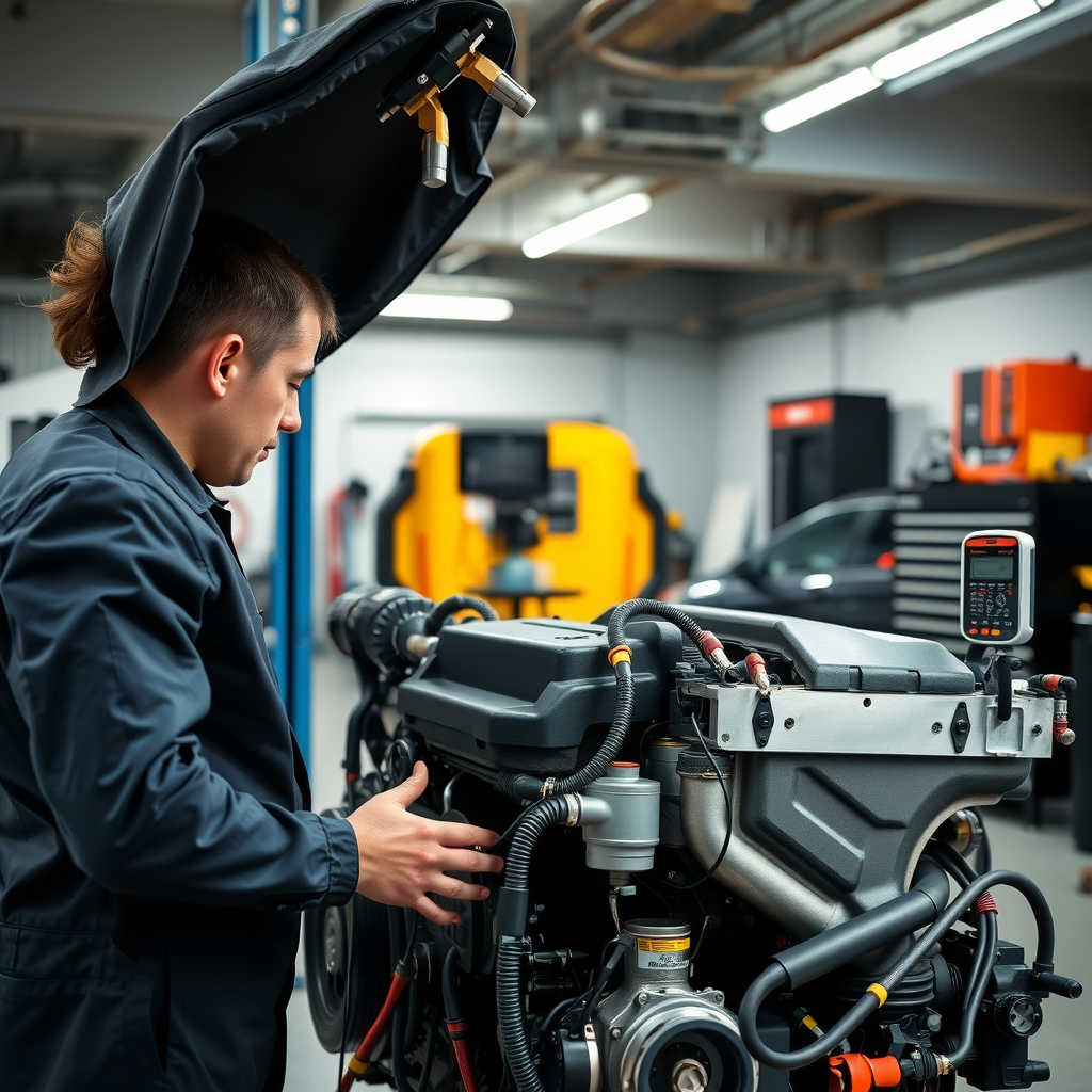 Mecánico profesional realizando mantenimiento preventivo en motor de auto usado en taller moderno con herramientas organizadas y equipo de diagnóstico