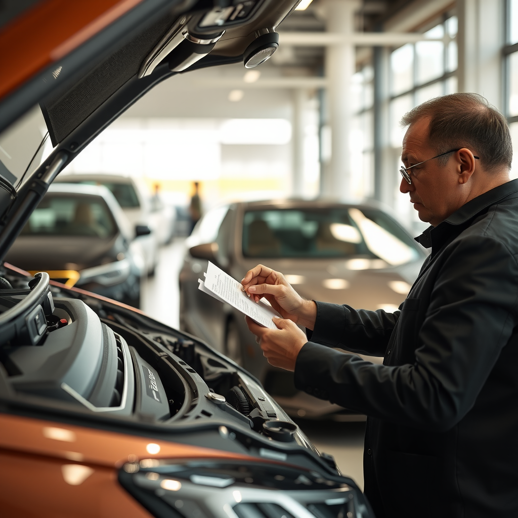 Persona inspeccionando cuidadosamente un automóvil usado en un concesionario, revisando el motor y tomando notas, ambiente profesional con iluminación natural