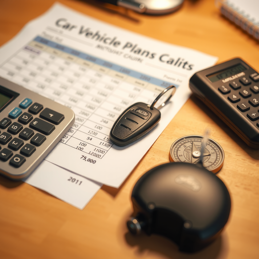 Calculadora, documentos financieros y llaves de auto sobre escritorio, representando planificación de presupuesto para compra de vehículo usado