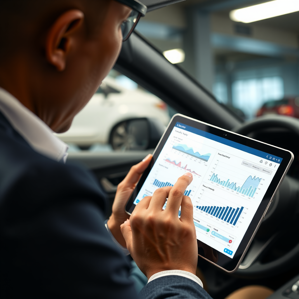 Persona profesional revisando un informe de historial vehicular digital en una tablet moderna, con gráficos y datos visibles en la pantalla