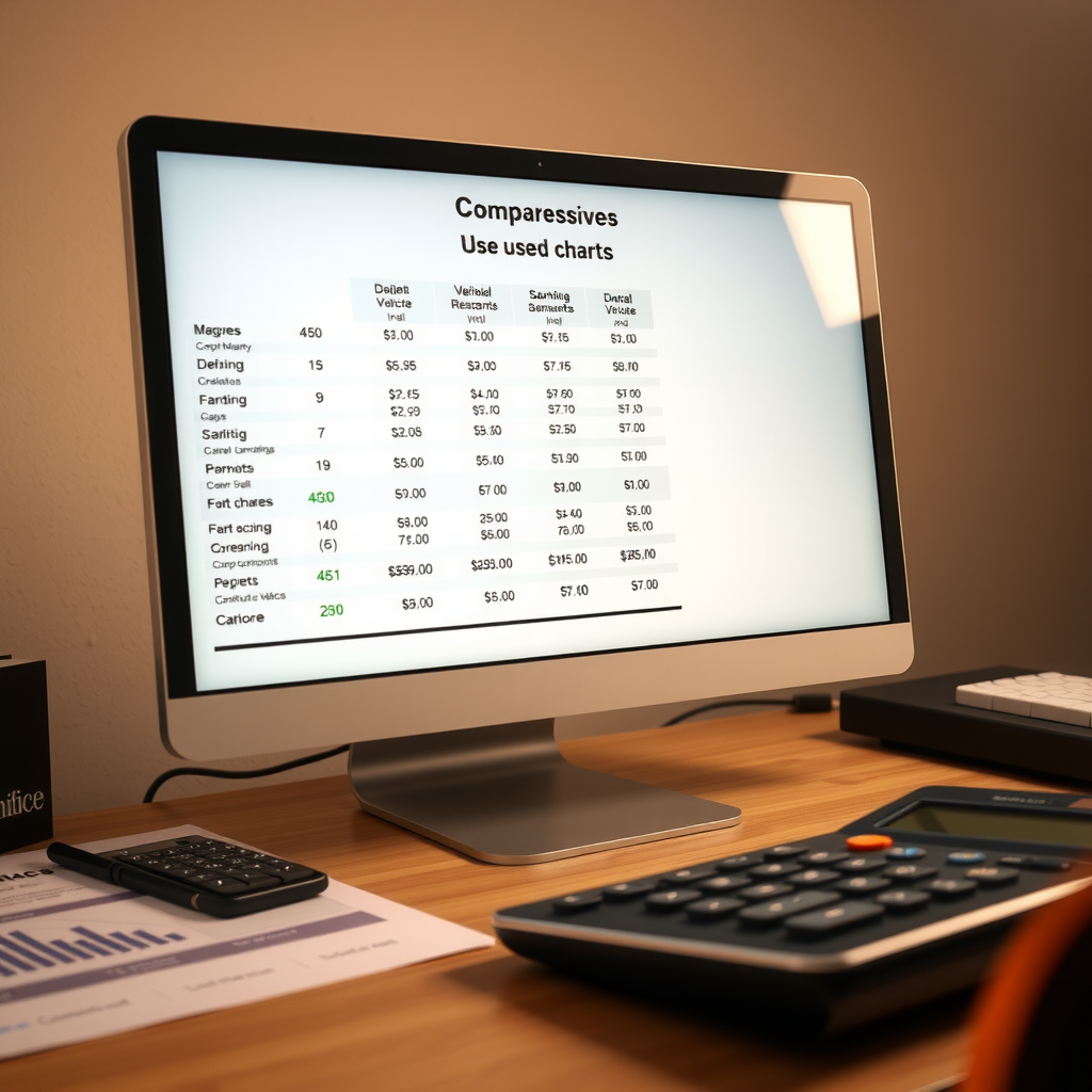 Pantalla de computadora mostrando gráficos comparativos de precios de vehículos usados, con calculadora y documentos de investigación de mercado sobre el escritorio