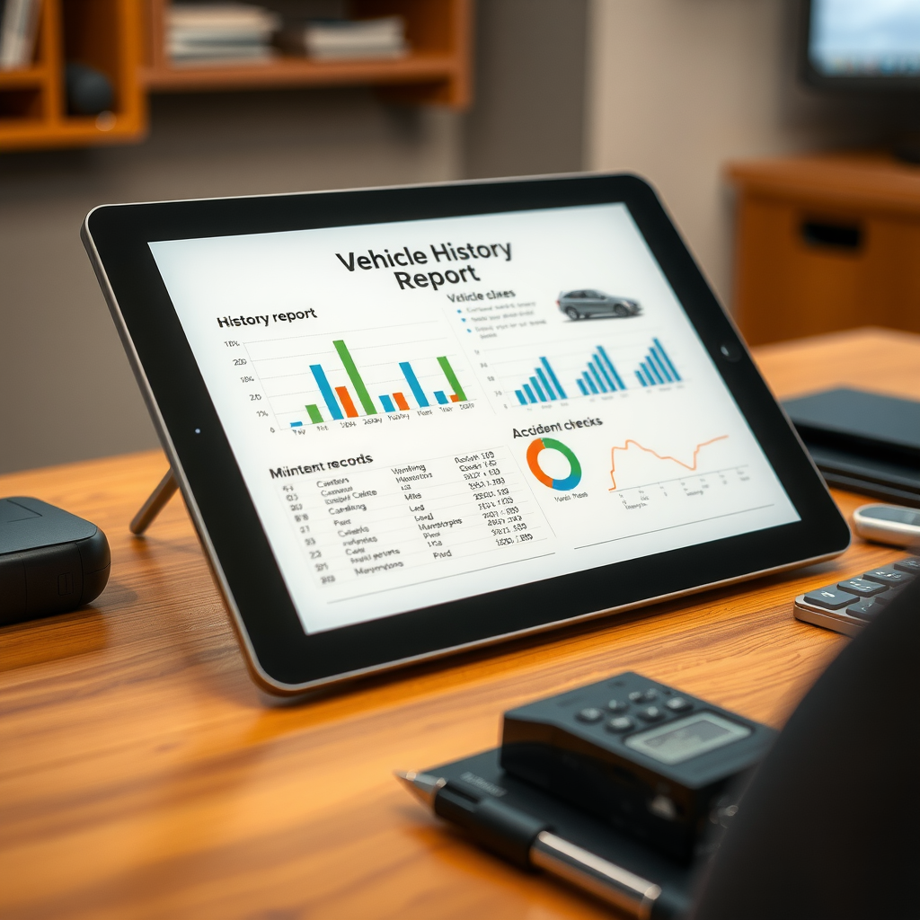 Documento de informe de historial vehicular en una tablet mostrando gráficos, registros de mantenimiento y verificaciones de accidentes, sobre un escritorio profesional