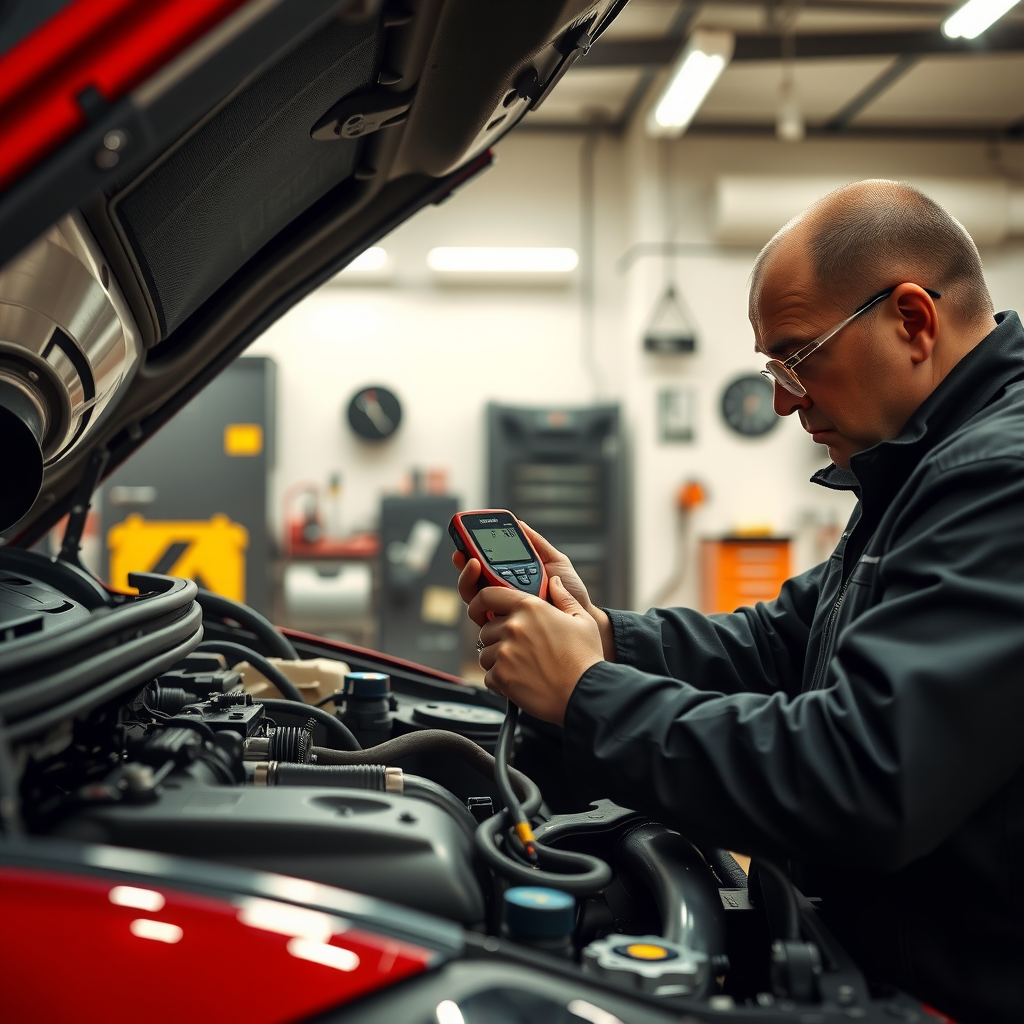 Mecánico profesional inspeccionando detalladamente el motor de un auto usado, con herramientas de diagnóstico, en taller bien iluminado