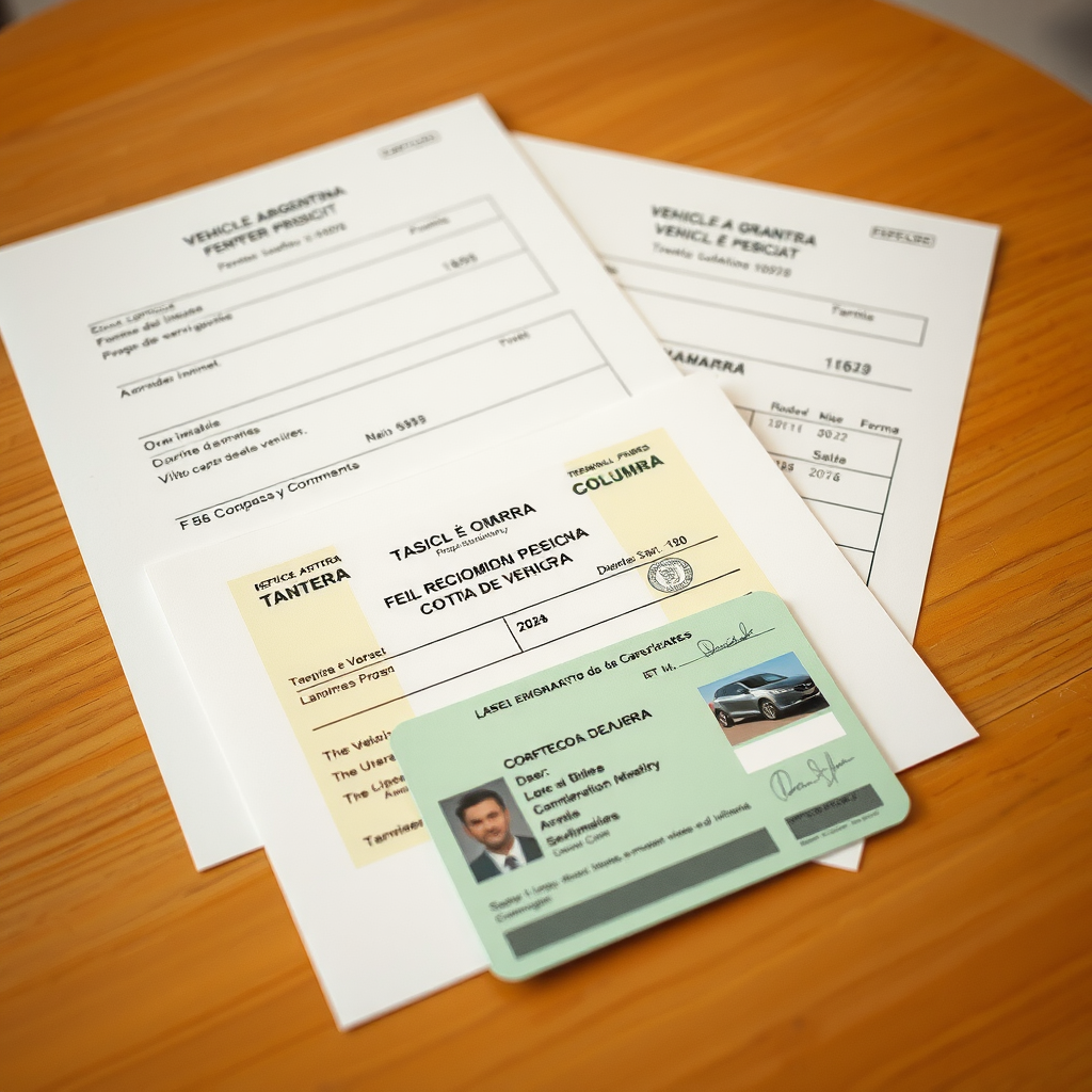 Documentos oficiales de transferencia vehicular argentinos organizados sobre mesa, mostrando formularios 08 y cédula verde, con sellos y firmas visibles