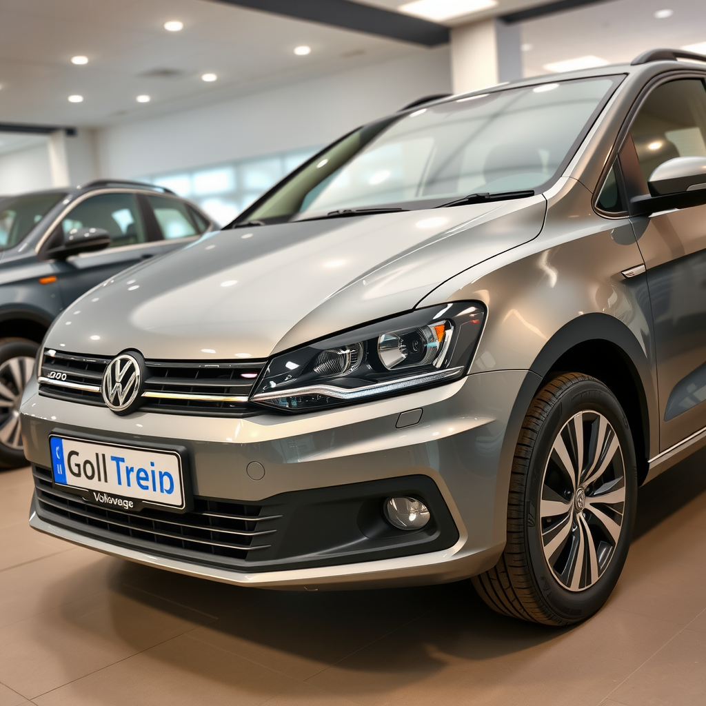 Volkswagen Gol Trend hatchback gris metalizado, vista frontal y lateral en concesionario, mostrando diseño moderno y compacto, ideal para ciudad