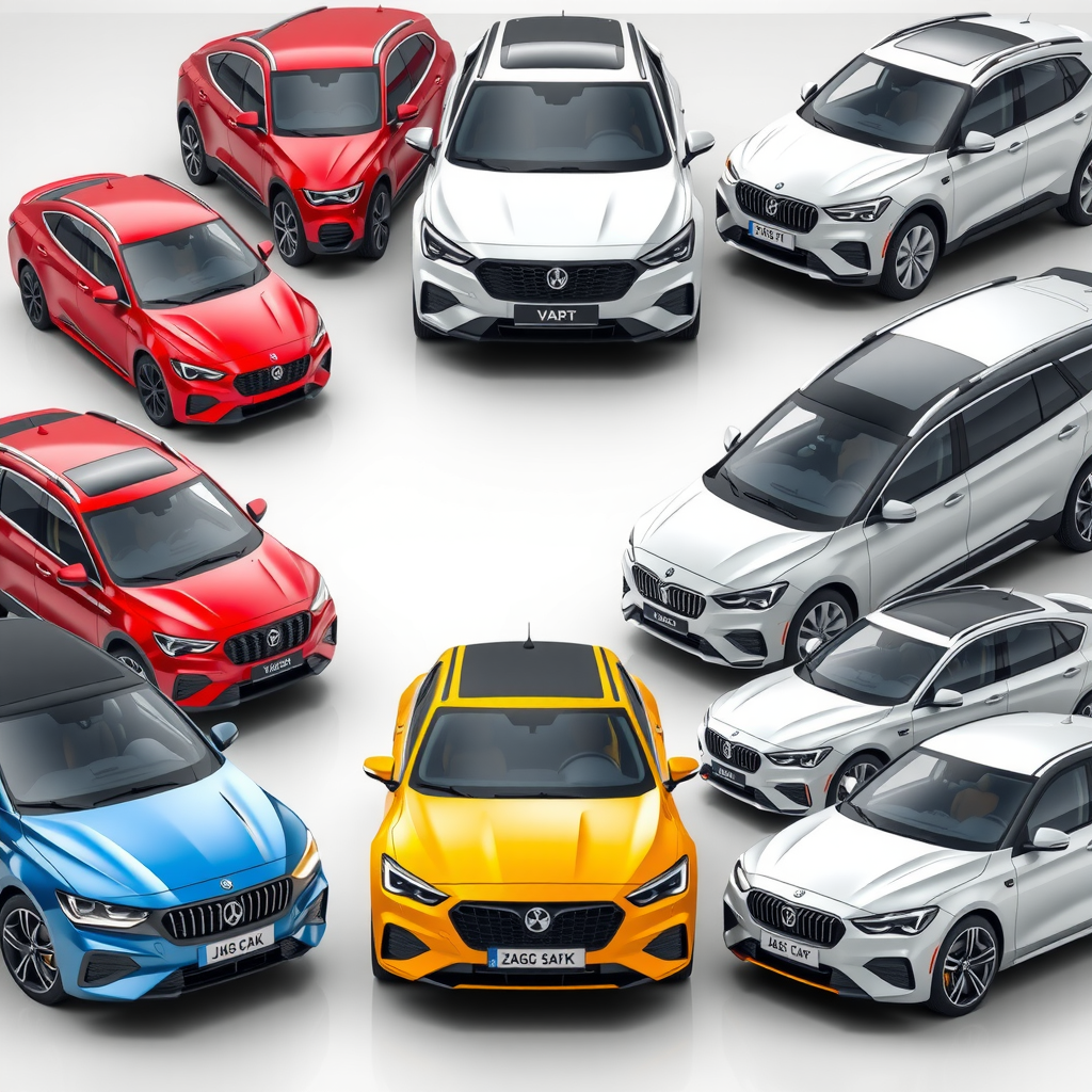 Collage de diez automóviles usados confiables y económicos estacionados en fila, modelos diversos y bien mantenidos, iluminación brillante y profesional