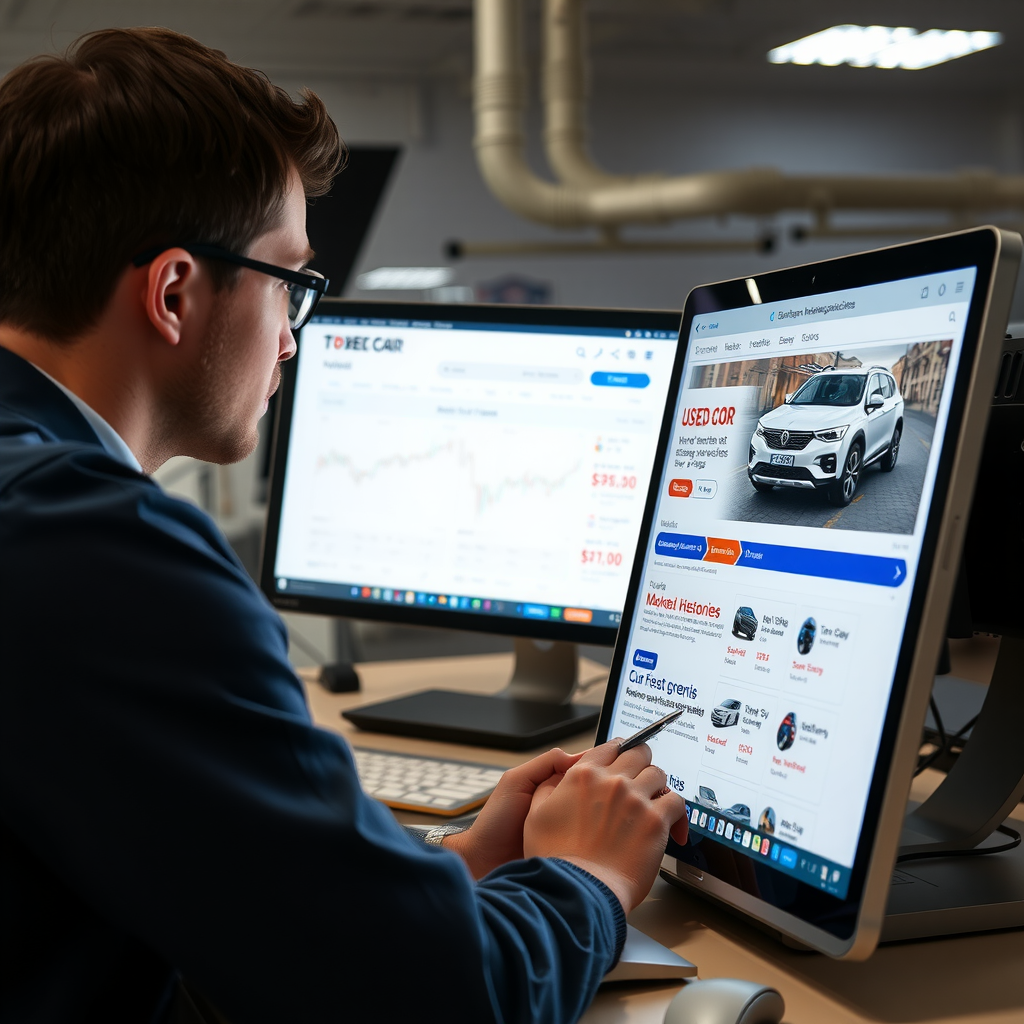 Persona investigando precios de autos usados en computadora, comparando valores de mercado y revisando historiales de vehículos en múltiples sitios web