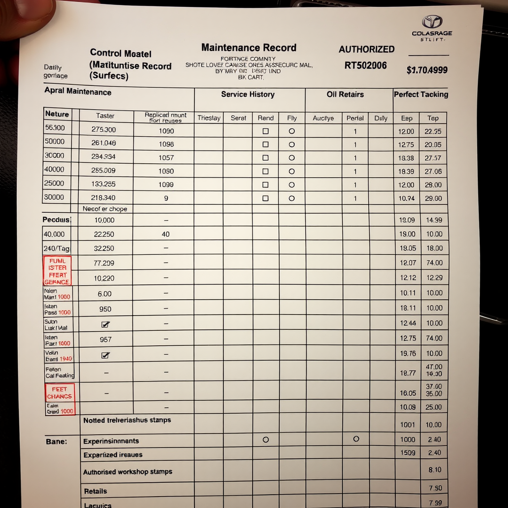 Registro de mantenimiento vehicular detallado mostrando historial de servicios, cambios de aceite, reparaciones y sellos de talleres autorizados en formato de planilla