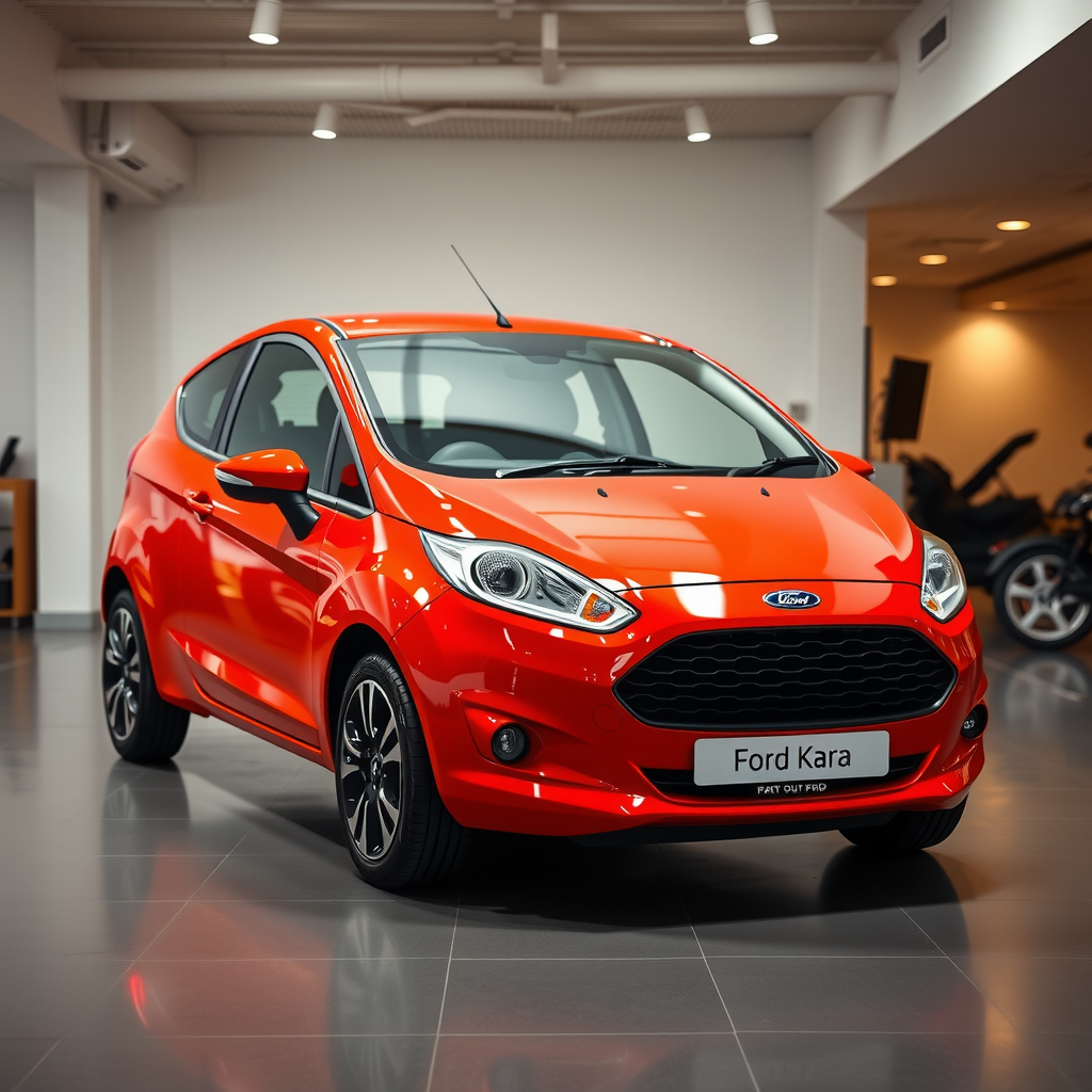 Ford Ka hatchback rojo brillante, vista completa en showroom, diseño compacto y juvenil, perfecto para primer auto o ciudad
