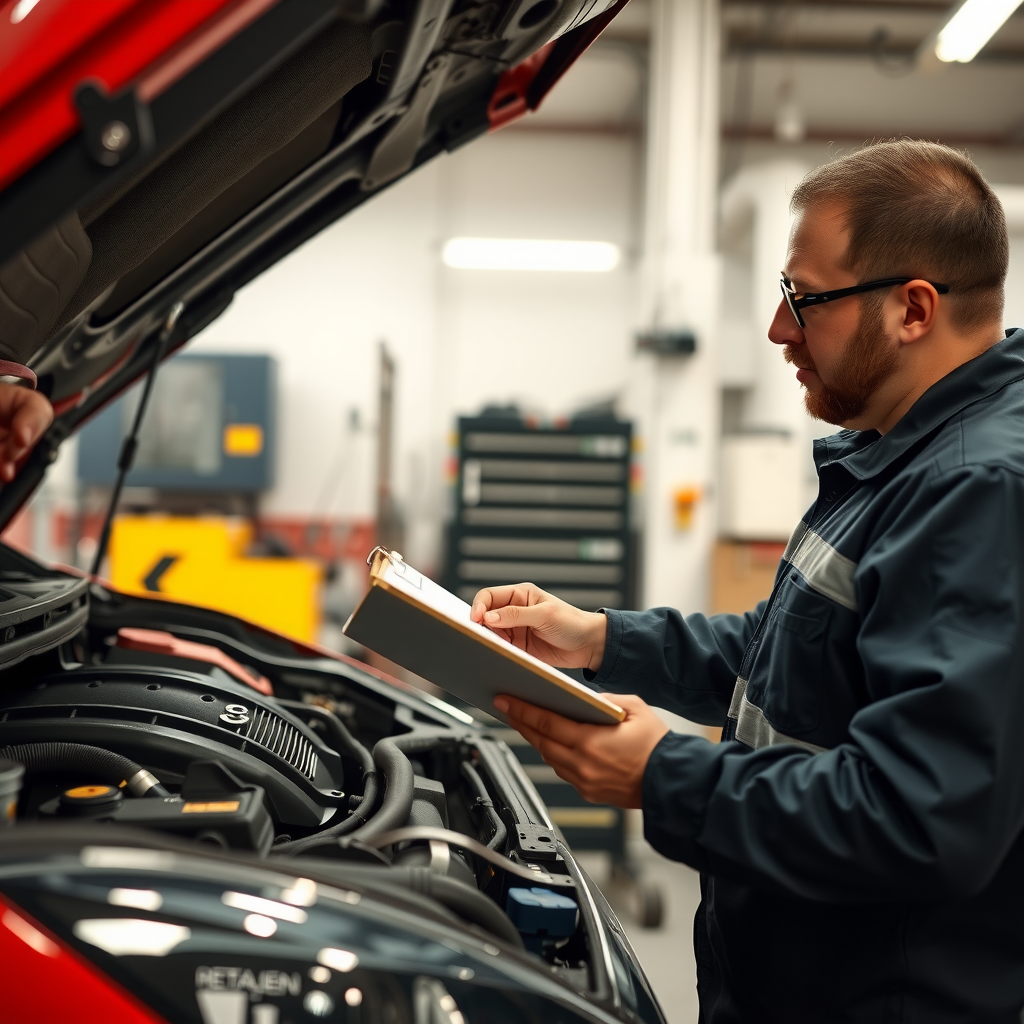 Mecánico profesional realizando inspección detallada de un vehículo usado, revisando el motor con herramientas especializadas y tomando notas en un portapapeles