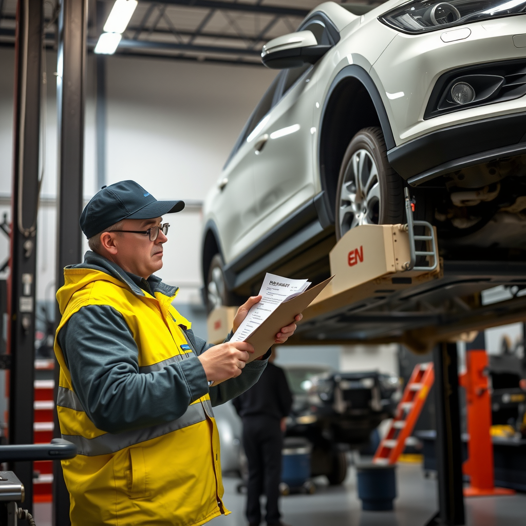 Técnico automotriz realizando inspección completa anual de vehículo elevado en taller profesional con checklist y herramientas de diagnóstico