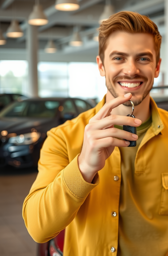 Comprador satisfecho sosteniendo llaves de su nuevo auto usado, sonriendo frente al vehículo en concesionario, transmitiendo confianza y éxito en la compra