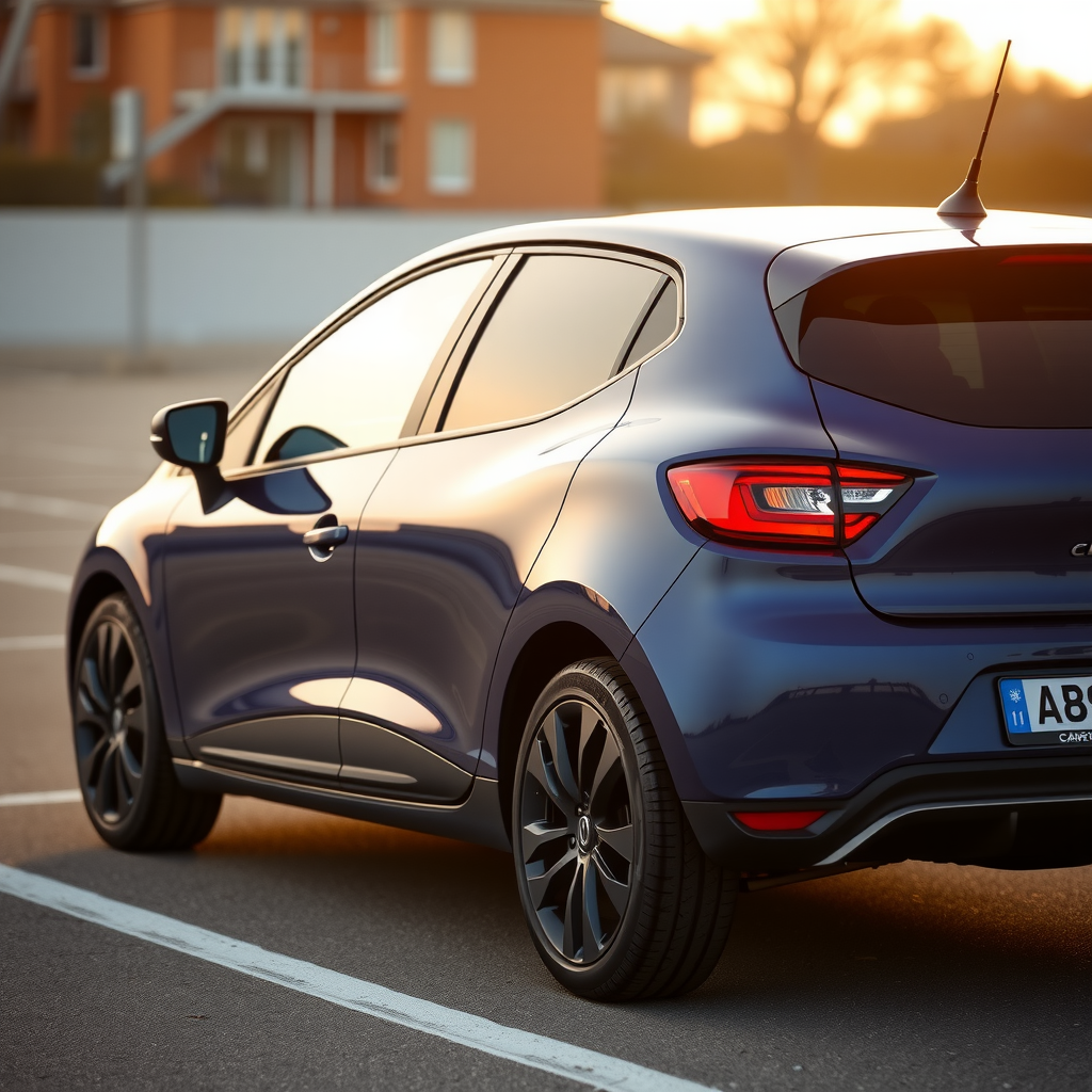 Renault Clio II hatchback azul oscuro, vista lateral en estacionamiento exterior, diseño europeo elegante, modelo confiable y económico