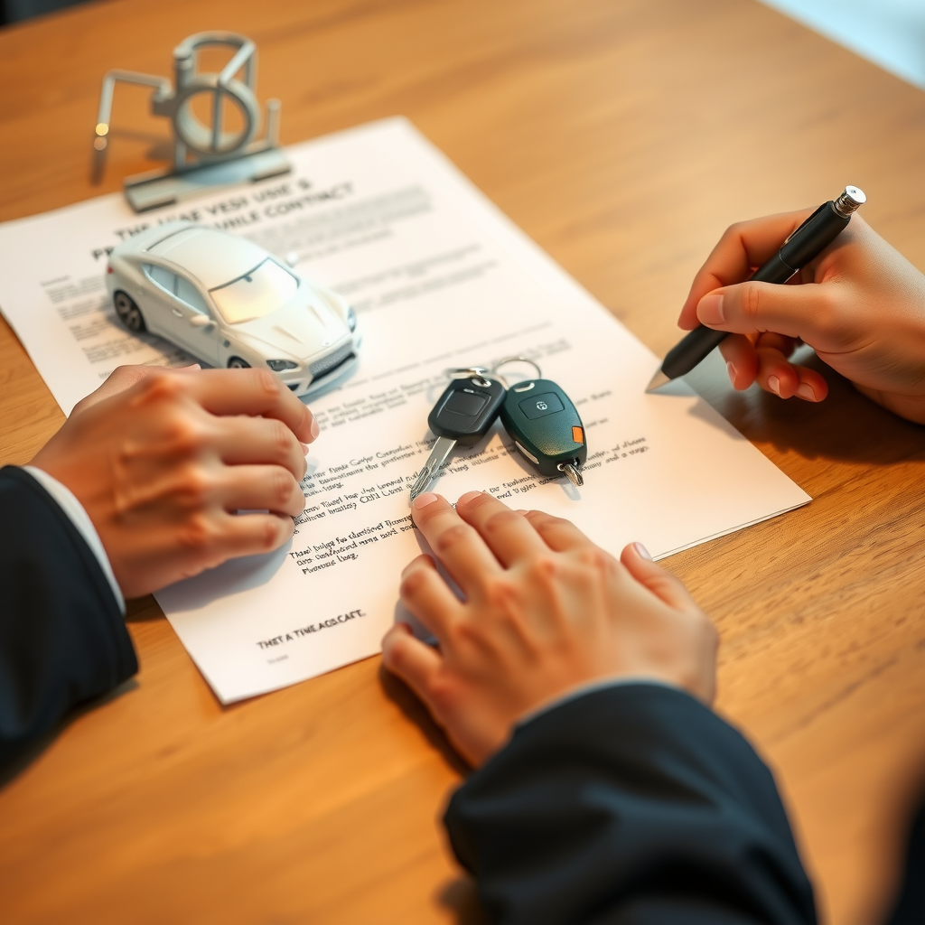 Manos firmando contrato de compra de vehículo usado sobre escritorio, con llaves del auto y documentos de transferencia visibles, representando el cierre exitoso de la negociación