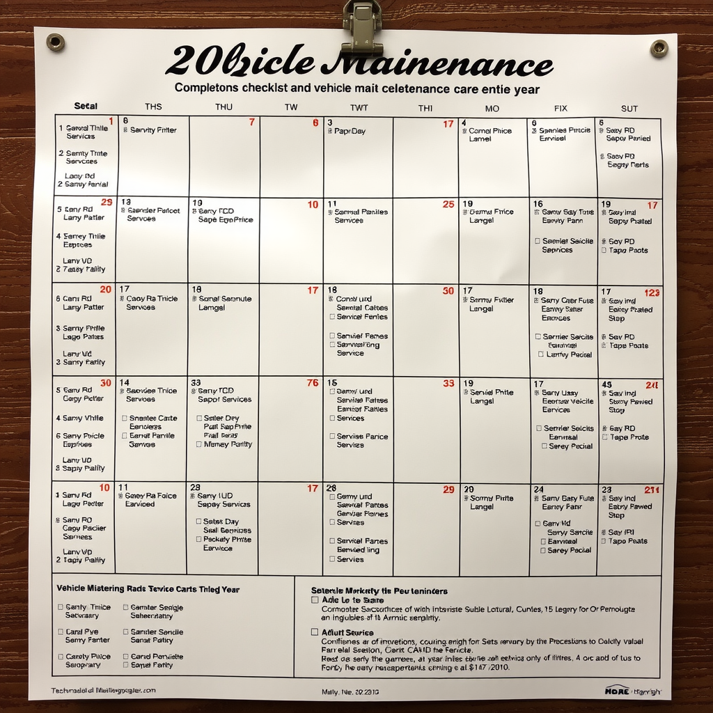 Calendario de mantenimiento vehicular detallado con recordatorios marcados y checklist completo de servicios programados para todo el año