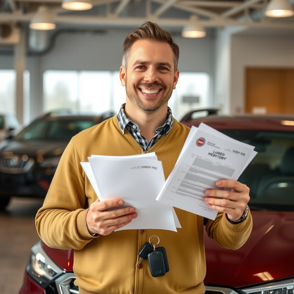 Comprador satisfecho sosteniendo documentos de vehículo y llaves frente a su nuevo auto usado, sonriendo con confianza después de verificar el historial completo
