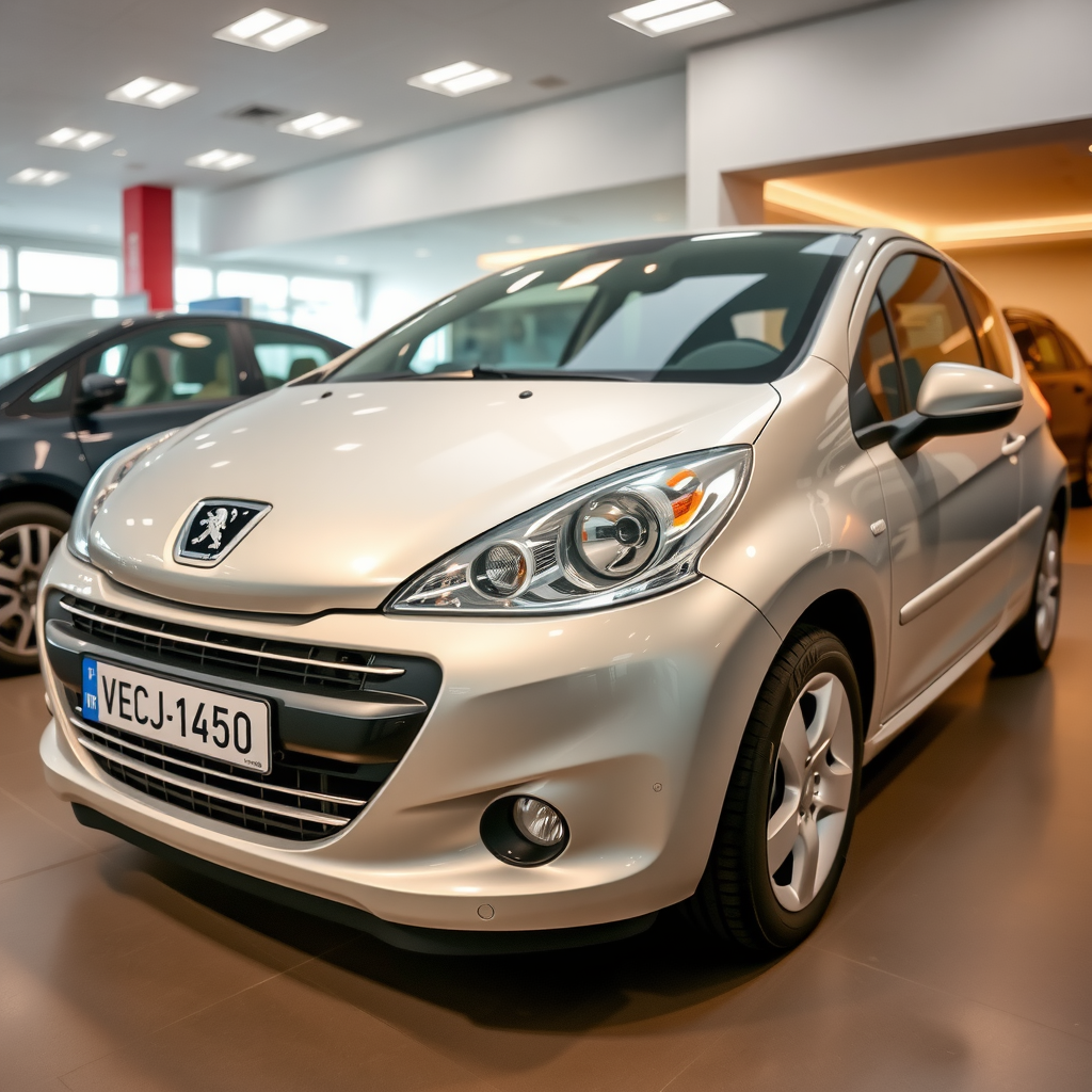 Peugeot 207 Compact hatchback plateado, vista frontal y lateral en concesionario, diseño francés moderno, ideal para familias pequeñas