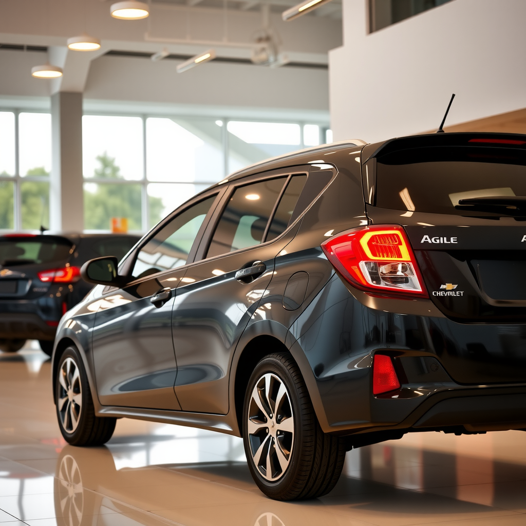 Chevrolet Agile hatchback negro, vista lateral en concesionario moderno, diseño deportivo y juvenil, fabricación nacional argentina
