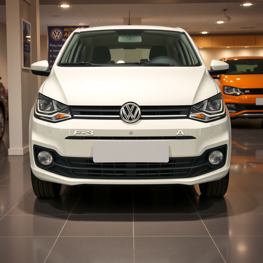 Volkswagen Fox hatchback blanco, vista frontal en showroom, diseño compacto y eficiente, ideal para uso urbano diario